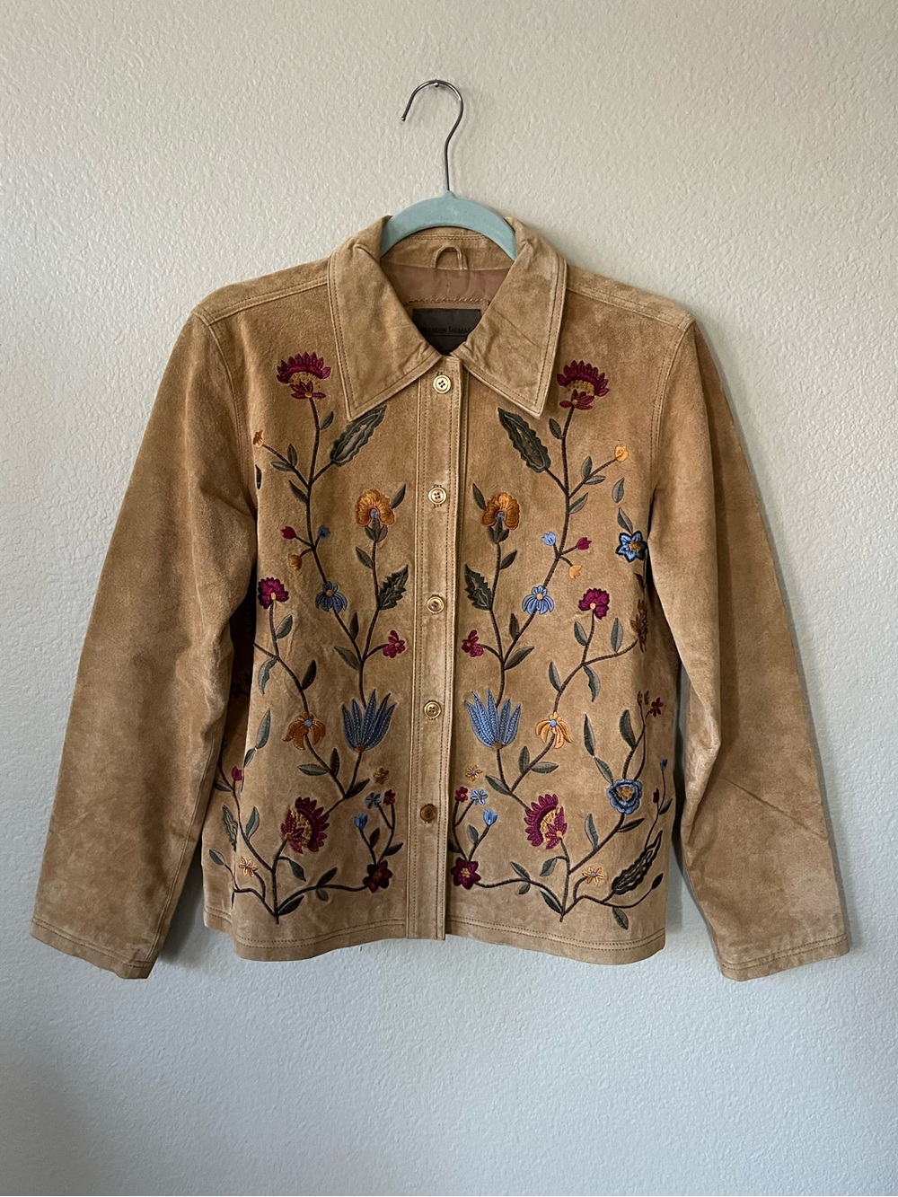 Vintage Brandon Thomas Tan Suede Jacket Multicolor Floral Embroidery Women’s S